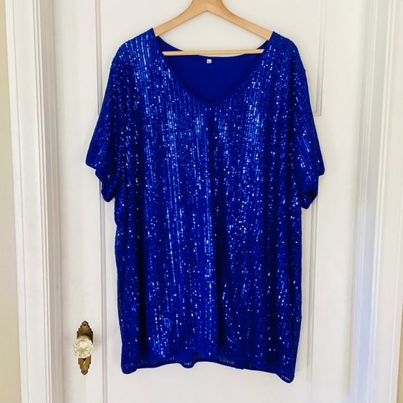 Royal blue Womens Sparkly Sequin V-Neck Short Sleeve Sheer Tee Plus Size 5X - Picture 1 of 11